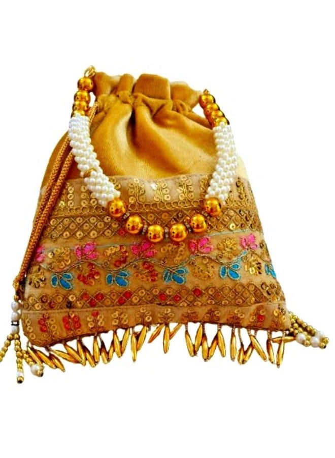 SuneshCreation Vintage Style Potli Handbag, Velvet with Pearl Beads and Gold Fringe, Traditional Wedding Purse (golden) - Image 1